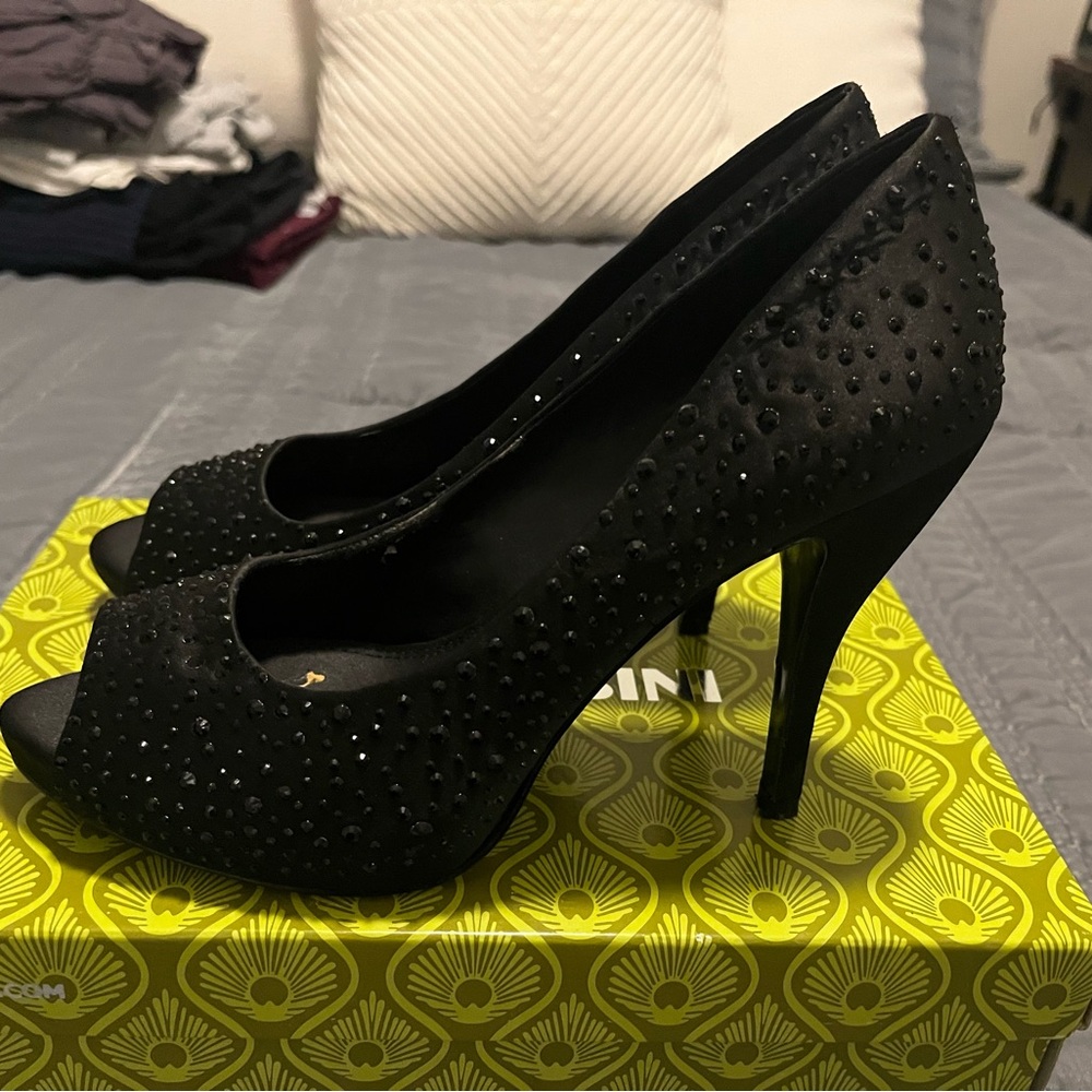 Black Gemstone Bedazzled Peeptoe Heels